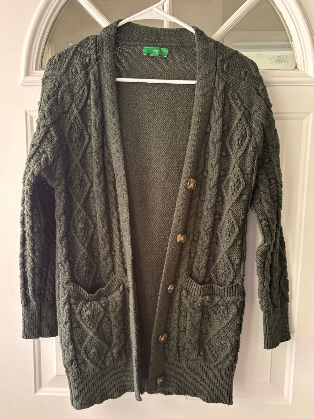 dip Olive Green Cable Knit Button-Front Cardigan